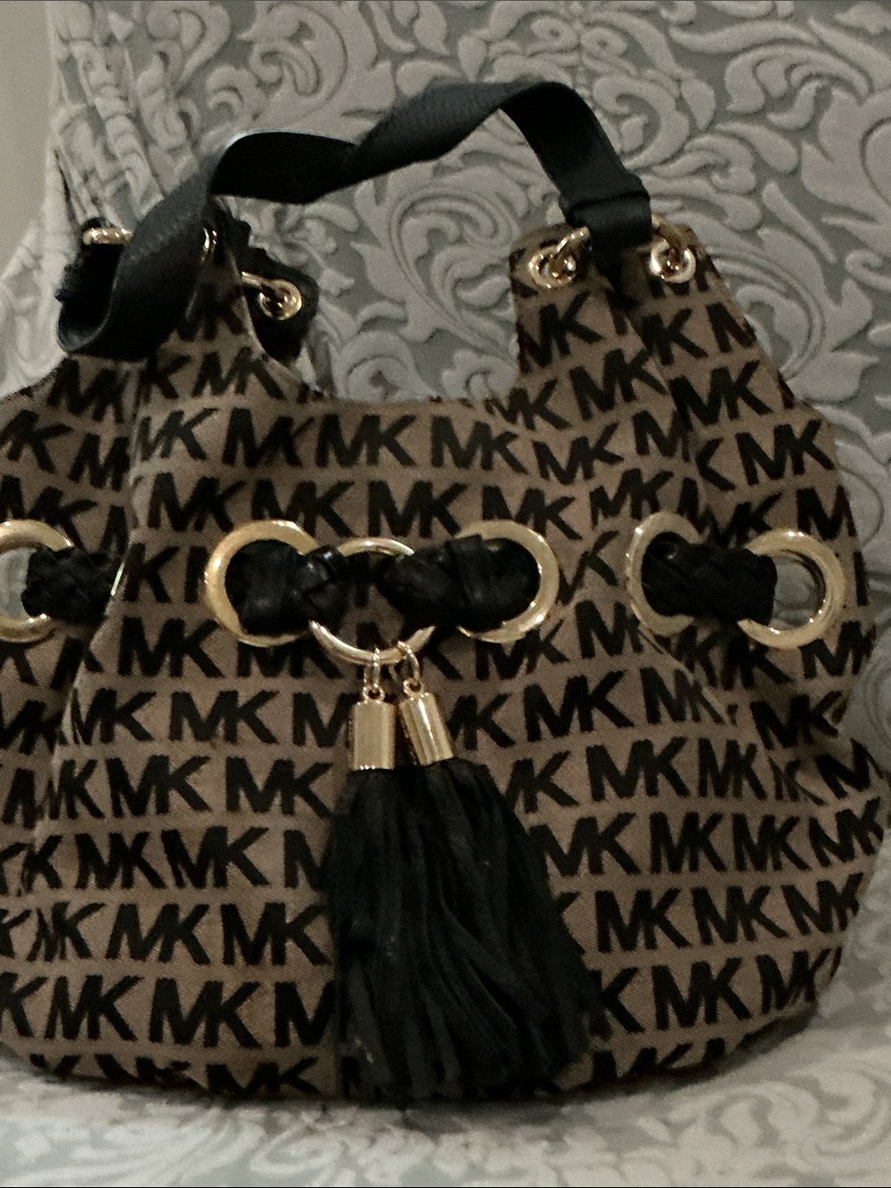 Michael Kors Tan and Black Logo Drawstring Shoulder Bag with Gold Hardware